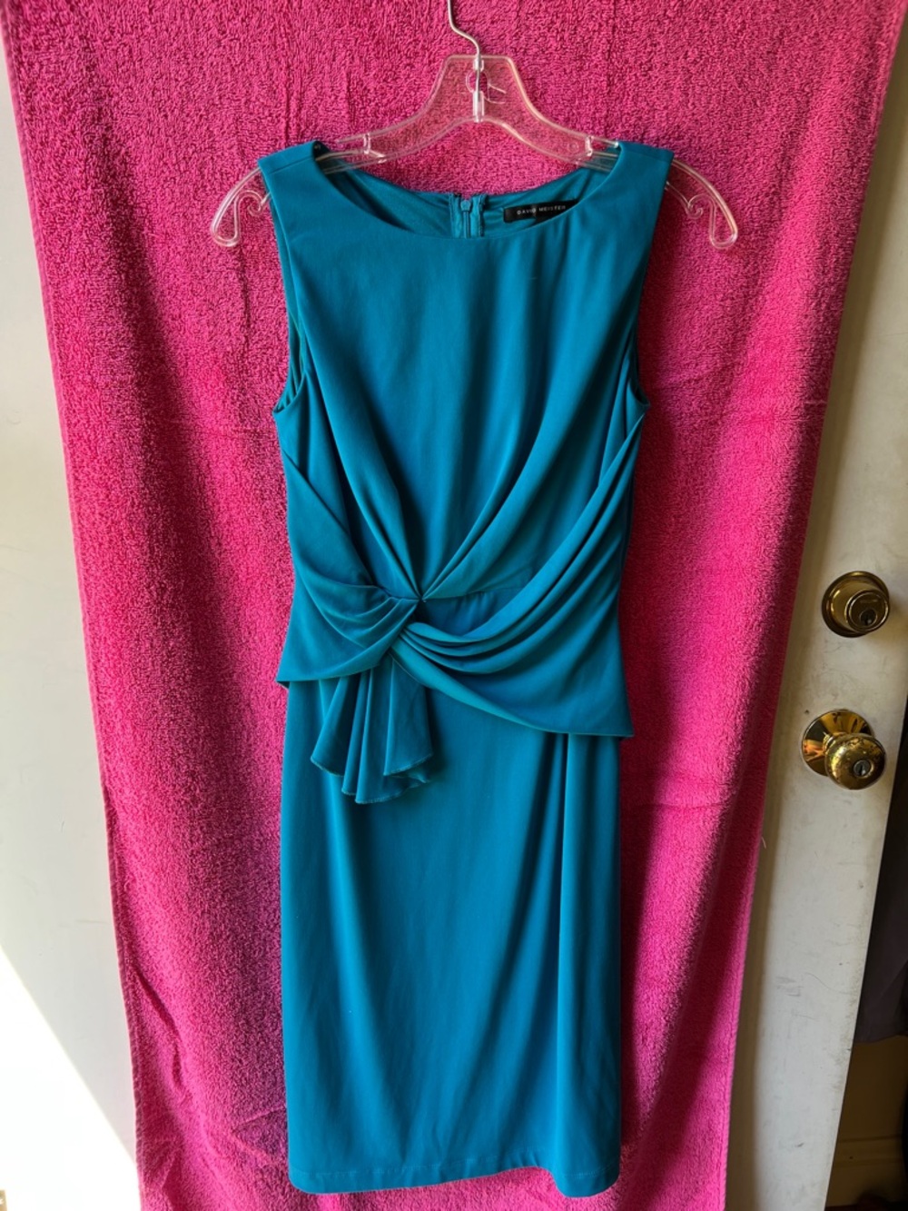 David Meister Teal Twist-Front Midi Sheath Dress